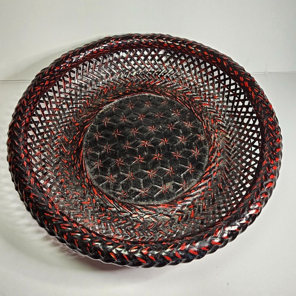 Japanese Rantai-Shikki Lacquer Basket Starburst Vintage 11" x 3" MCM